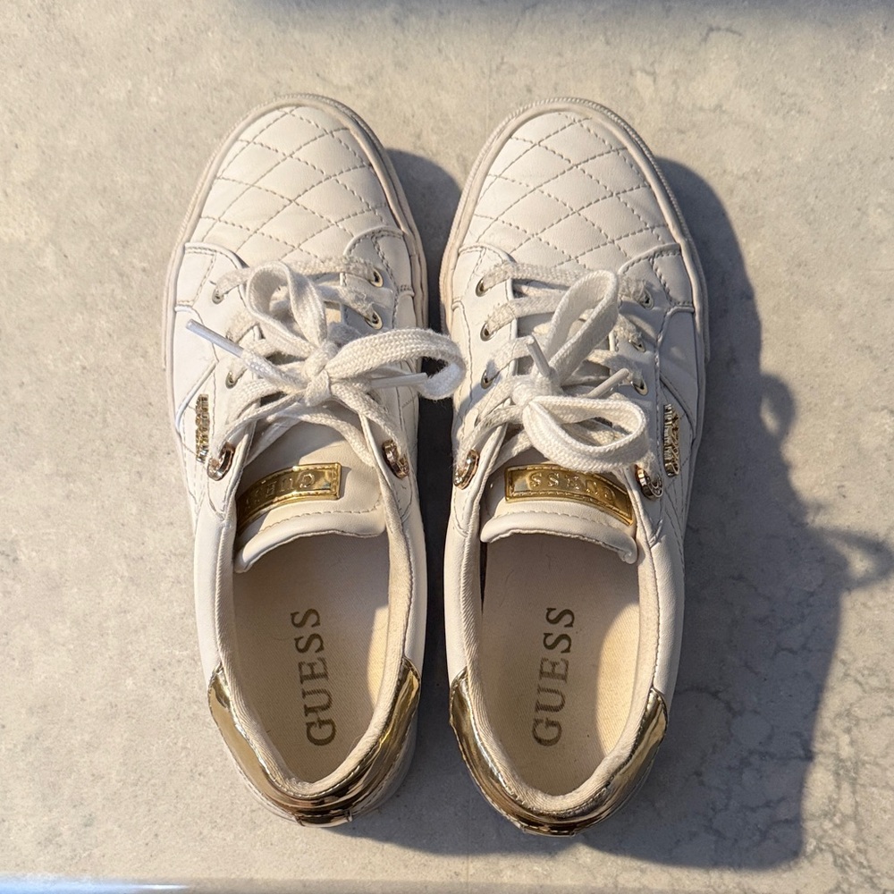 Guess Women's Quilted White and Gold Sneakers